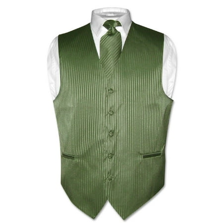 Olive Green Colour - Men's Dress Vest & NeckTie OLIVE GREEN Color Vertical Striped Design Set