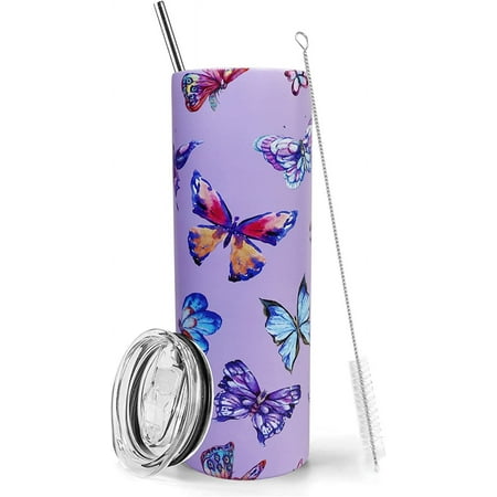 

Butterfly Tumbler With Lid and Straw 20 oz Insulated Purple Butterfly Tumbler Stainless Steel Butterfly Skinny Tumbler Water Bottle Travel Mug Wine Cups Gifts for Women