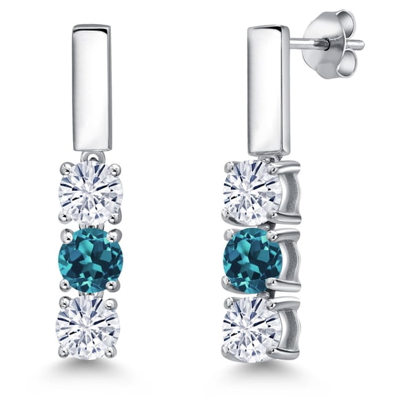 Gem Stone King 925 Sterling Silver White Moissanite and London Blue Topaz Drop Dangle Earrings for Women | 1.70 Cttw | Gemstone Birthstone | Round 5MM