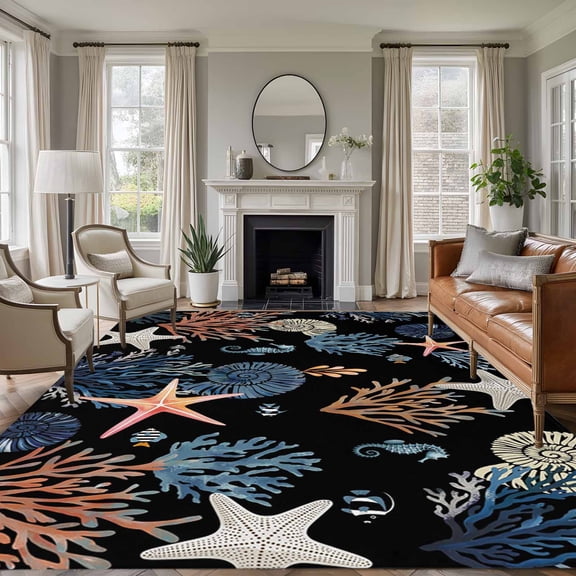 Black Blue Coastal Area Rugs 5'x7', Small Throw Rugs for Laundry Room Playroom, Summer Beach Coral Shell Starfish Seahorse Indoor Outdoor Rug Non-Slip Low Pile Carpet Runner Reversible Floor Mats