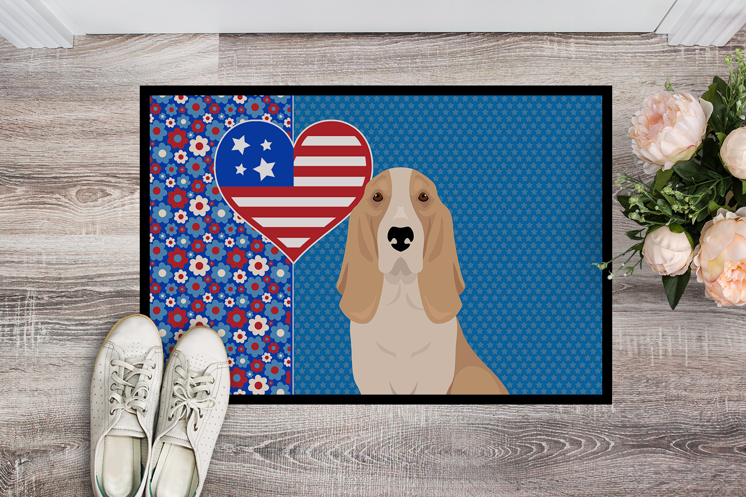 Lemon and White Tricolor Basset Hound USA American Indoor or Outdoor Mat 24x36