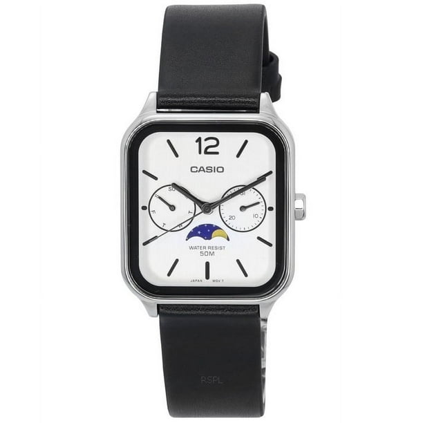 Casio Reloj MTP-M305L-7A para Hombre, Analógico, con Fase Lunar, Correa de Cuero, Esfera Blanca y Movimiento de Cuarzo.