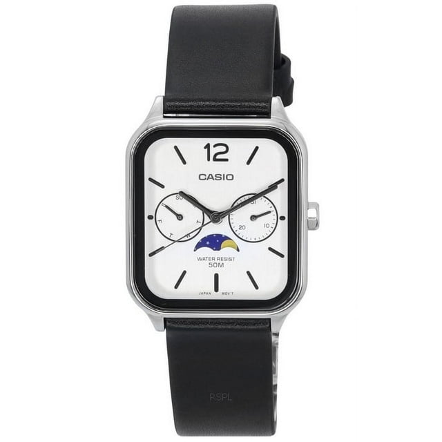 Casio Reloj MTP-M305L-7A para Hombre, Analógico, con Fase Lunar, Correa de Cuero, Esfera Blanca y Movimiento de Cuarzo.