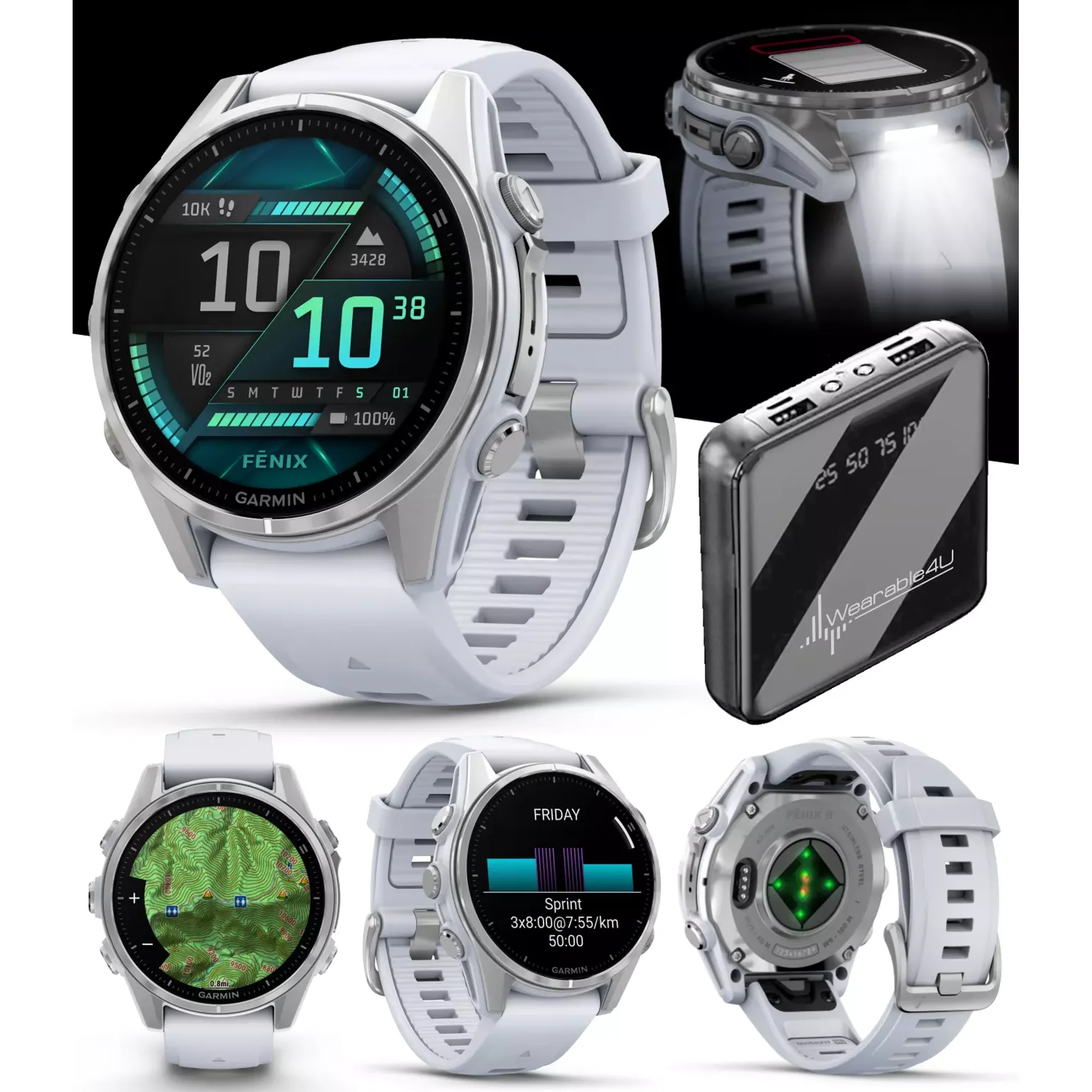 Garmin Fenix 8 43 mm, AMOLED Multisport GPS Smartwatch, Silver with Whitestone Silicone Band, Built-in LED Flashlight with Power Bank