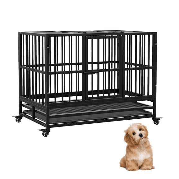 Heavy Duty Metal Dog Crate, 37 Inch Double Door Dog Cage with Lockable Wheels, Folding Indoor Pet House with Removable Leak-Proof Tray, Sturdy Secure Kennel Perfect for Small, Medium and Large Dogs,
