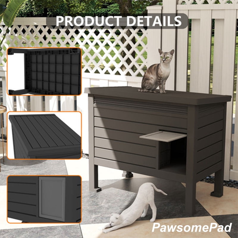 PawsomePad Outdoor Cat House, Weatherproof Cat Shelter with Raised Floor and Door (Black)