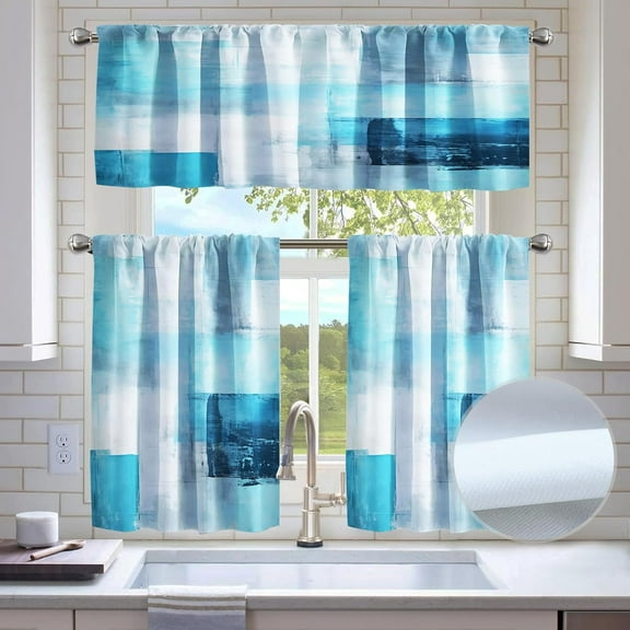 Teal Blackout Kitchen Window Tier Curtains and Valance Set, 52x39 Inch Abstract Art Window Curtains Set with Rod Pocket for Small Windows, Living Room or Bathroom