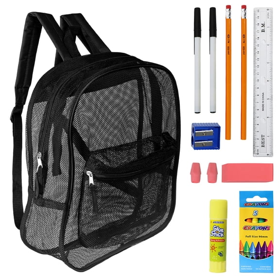12 Wholesale 17" Mesh Backpacks in Black & 12 Bulk School Supply Kits (16 Piece)