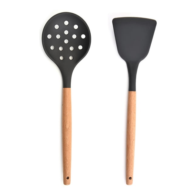 Juego de 2 utensilios de cocina de silicona para encimera, utensilios de cocina de madera