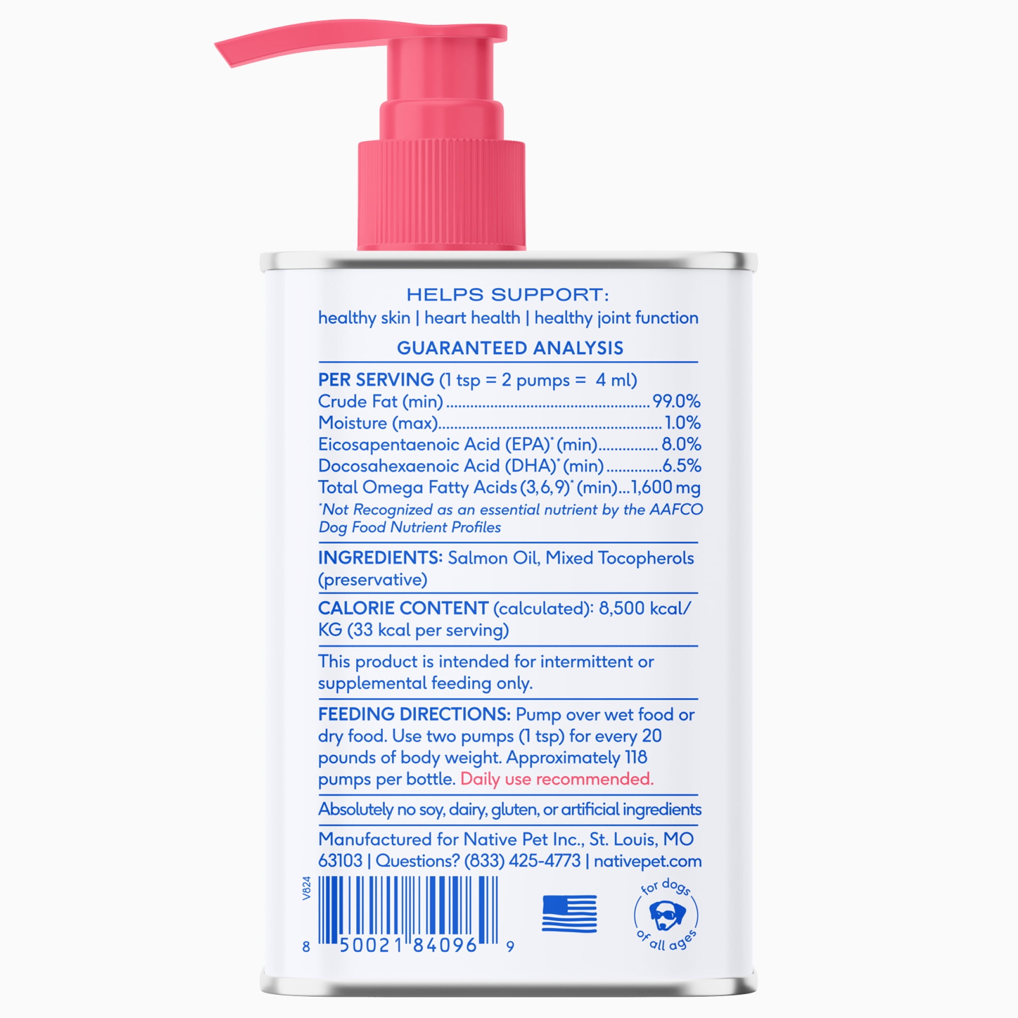 Native Pet Sockeye Salmon Oil Supplement for Dogs & Cats, Promotes Skin, Coat, & Joint Health, 8 oz