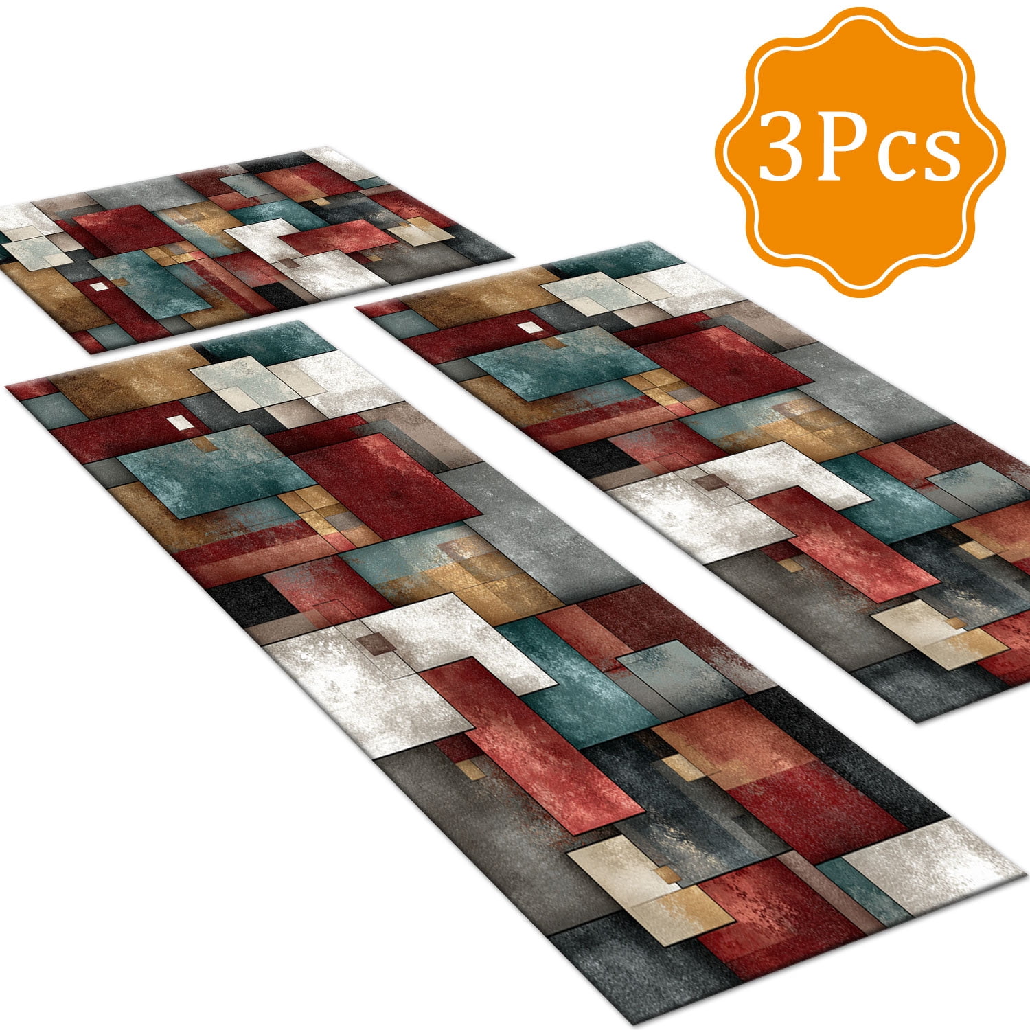 3 Piece Kitchen Rug Set, Abstract Pattern Kitchen Hallway Rug, Soft And Comfortable, Suitable For Sinks, Floors, Entrances, Hallways And Bathrooms