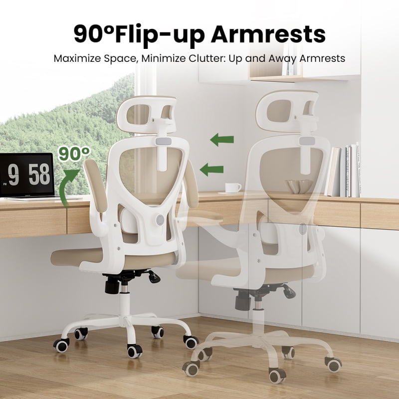 Ergonomic Office Chair, Home Office Desk Chair with Headrest, High Back Computer Chair with Armrests and Adjustable Lumbar Support for Home Office Study Room, White & Khaki