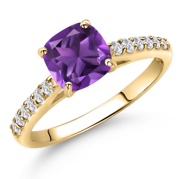 Gem Stone King 10K Yellow Gold Purple Amethyst and Lab Grown Diamond Engagement Ring for Women | 1.15 Cttw | Cushion 6MM | Gemstone February Birthstone | Size 6