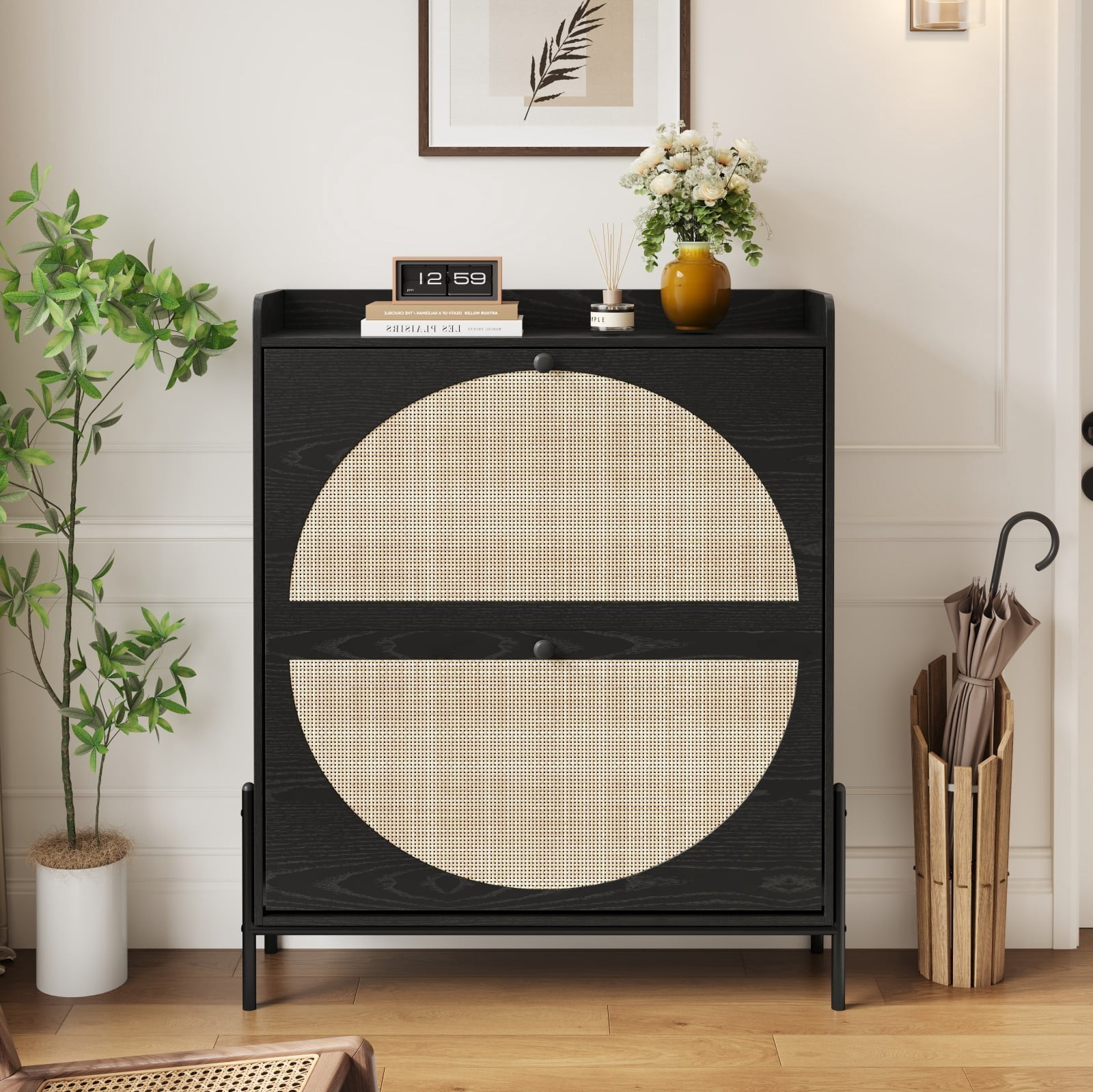 Rattan Shoe Cabinet with 2 Flip Drawers, Narrow Wooden Shoe Storage Organizer for Entryway Hallway, Black