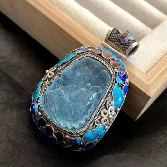 HOOUN Women's Necklace Pendant Sterling Silver Blue Aquamarine Gemstone Large Jewelry-Silver(Only Pendant)