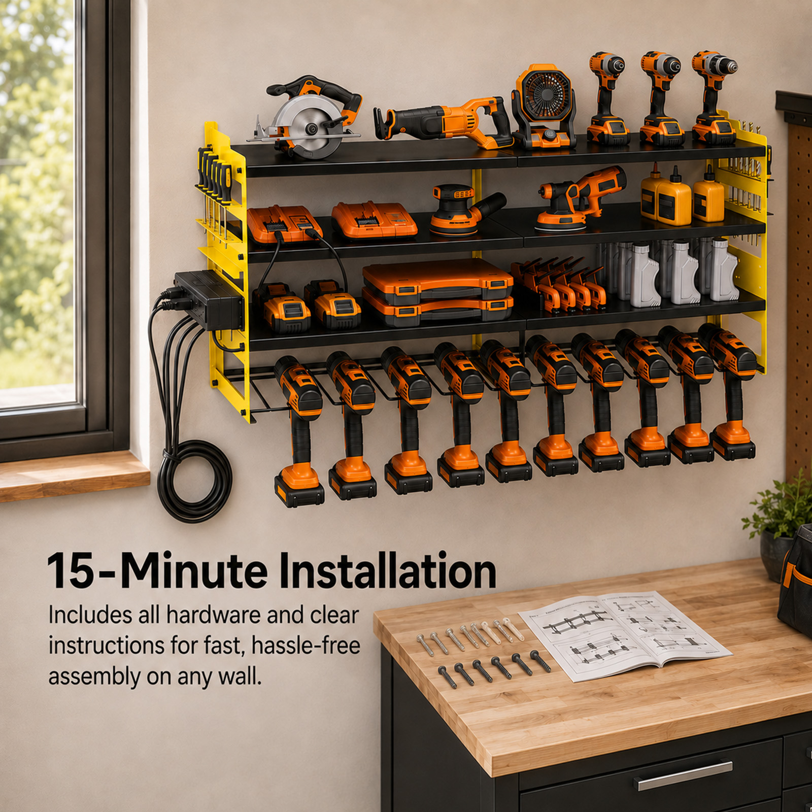 Alvantor 4-Tier Electric Tool Storage Rack with Charging Station, Power Tool Organizer with Screwdriver/Hammer/Air Tool Rack