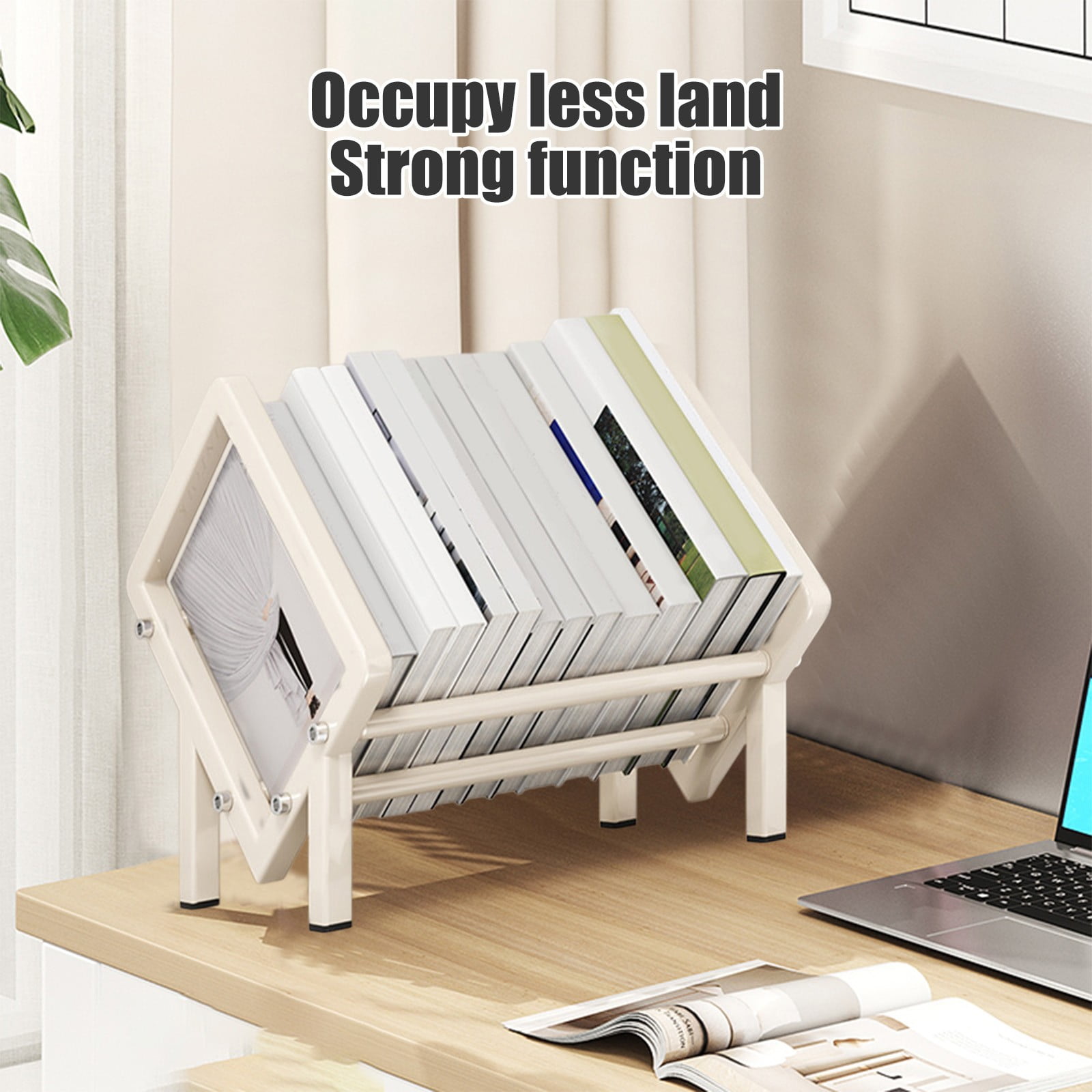 Merryso Stainless Steel Desktop Bookshelf, 11.8" Small Desk Book Organizer, Rustproof Tabletop Book Storage Rack for Office Study, White Desk Book Holder with Open Shelf Design