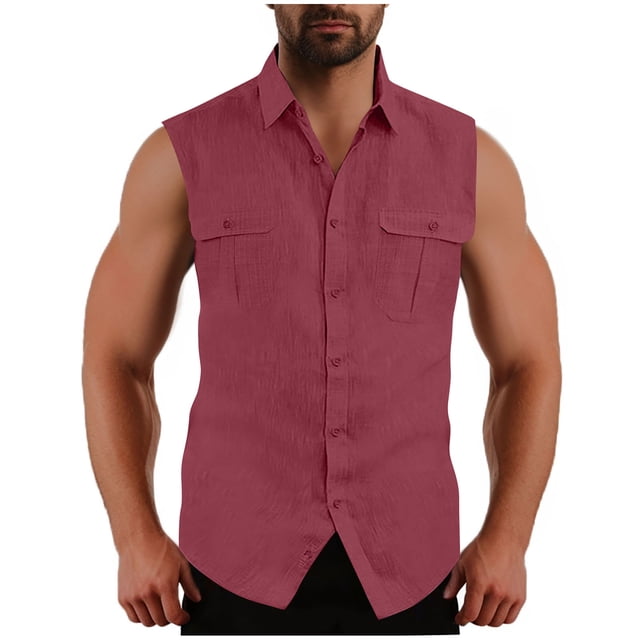 Bwiyojiz Tailles M-TTTG Mode Homme Vêtements Homme Décontracté Uni Col Rabattu Sport Sans Manches Double Poche Débardeurs Vêtements Gilets d'Été Gilets Rouges, Cadeau de la Saint-Valentin
