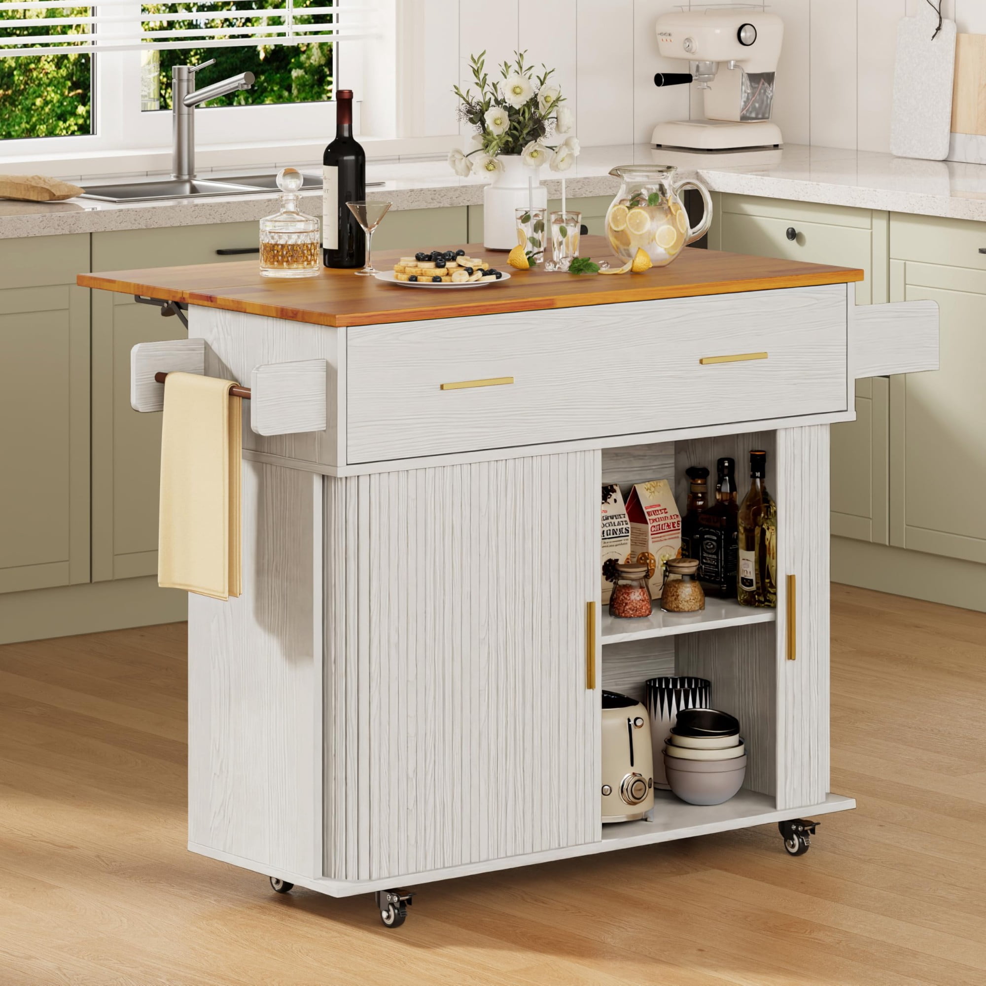 Rolling Kitchen Island Cart with Drop Leaf, Mobile Kitchen Cart on Wheels with Sliding Door, Drawer & Storage Rack, White