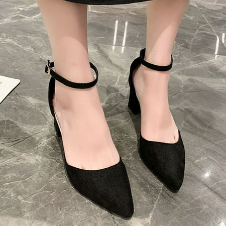 

〖Yilirongyumm〗 Black 40 Sandals Women Fashion Spring And Summer Women Sandals Thick Heels High Heeled Buckles Metal Pointed Toe Casual Style