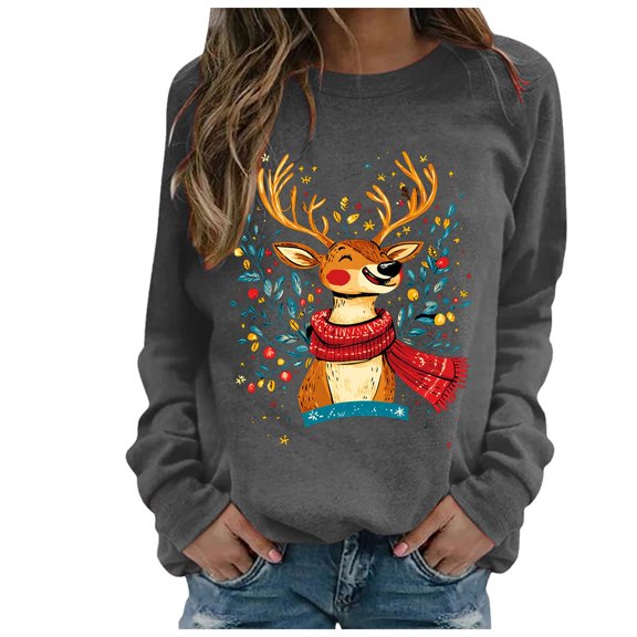 zaveiop Sweatshirt for Women Deer Elk in Flowers Hat Graphic Womens Sweatshirt Crewneck Long Sleeve Pullover Clothes (Grey, XXL)