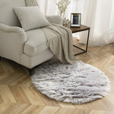 Deluxe Ultra Soft Faux Sheepskin Fur Series Fluffy Decorative Indoor Shag Area Rug, 3 x 3 Feet Round, Beige and White, 1 Pack