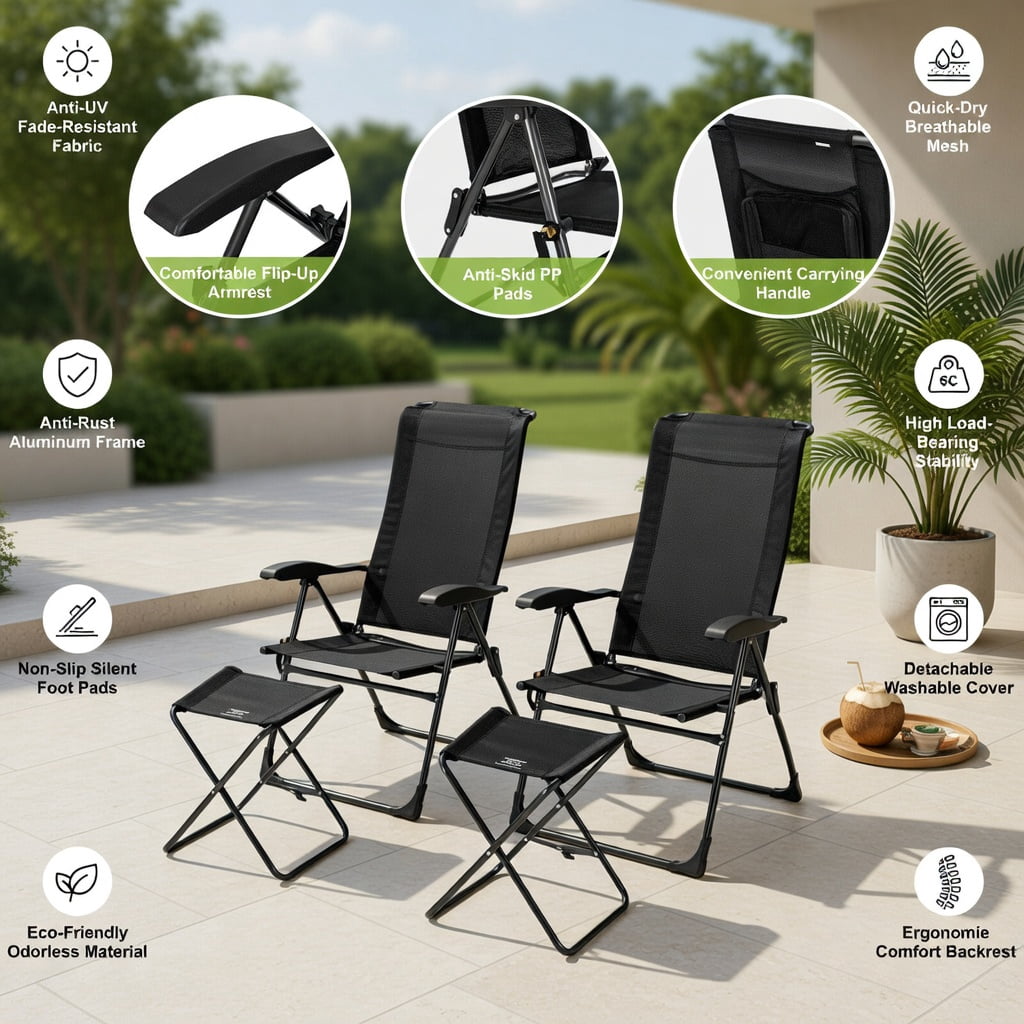 Hommoo 4-Piece Adjustable Reclining Patio Chair & Ottoman Set, Folding Outdoor Dining Chairs with 7-Position Backrest, Steel Frame, Breathable Mesh, for Backyard, Garden, Poolside, Black