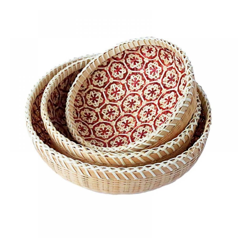 Farmhouse Bamboo Round Wicker Baskets Woven Storage Nuts Snack Fruit Bowls Decor 