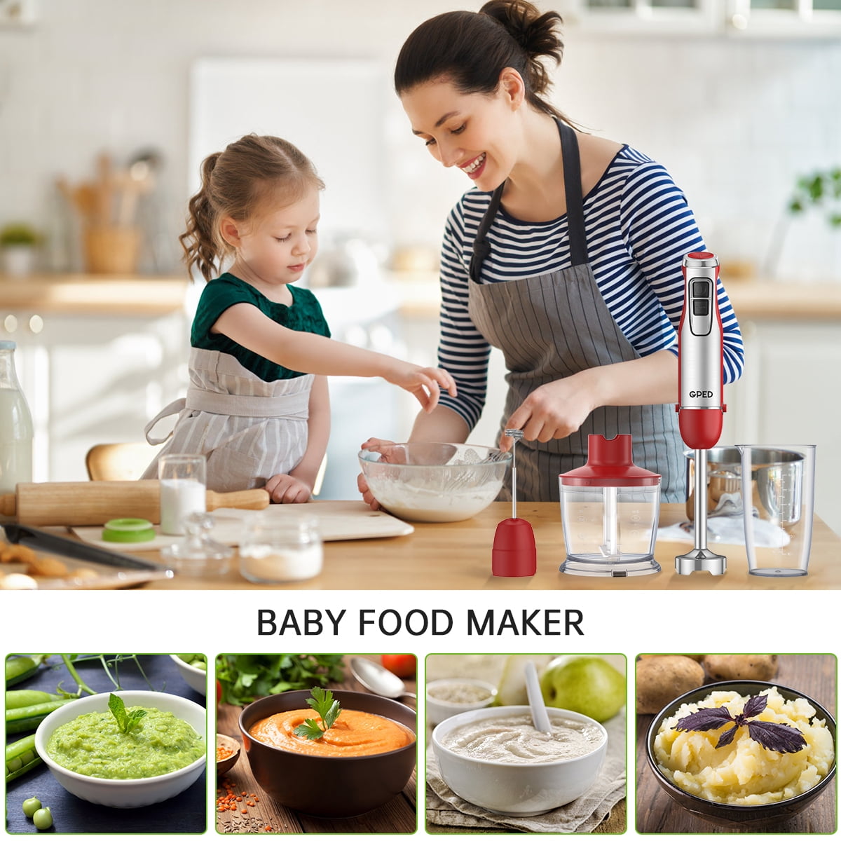 GPED Hand Blender, 5-in-1 Immersion Hand Blender,12 Speed Turbo Mode Stick Blender for Make Smoothie, Milk Shakes,Juice ,Sauces