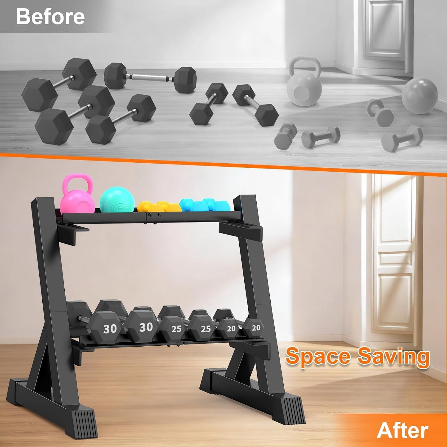 Dumbbell Rack Stand Only, 2-Tier 33 IN Length Adjustable Weight Rack for  Gym Heavy-Duty Metal Weight Stand Holder for Dumbbells, Kettlebells, 360 lb Capacity (Dumbells not included)