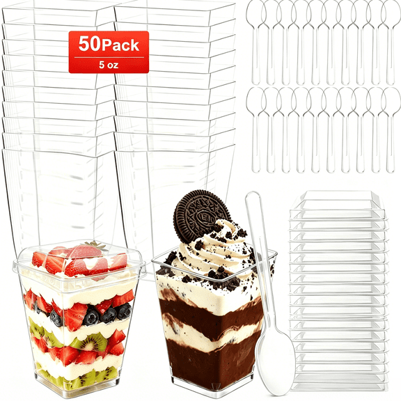 MEKBOK  50 Pack 5 oz Plastic Dessert Cups with Lids and Spoons, Yogurt Parfait Appetizer Cup with Lids for Party, Clear Mini Dessert Shooter Cups for Pudding Fruit Trifle Ice Cream.