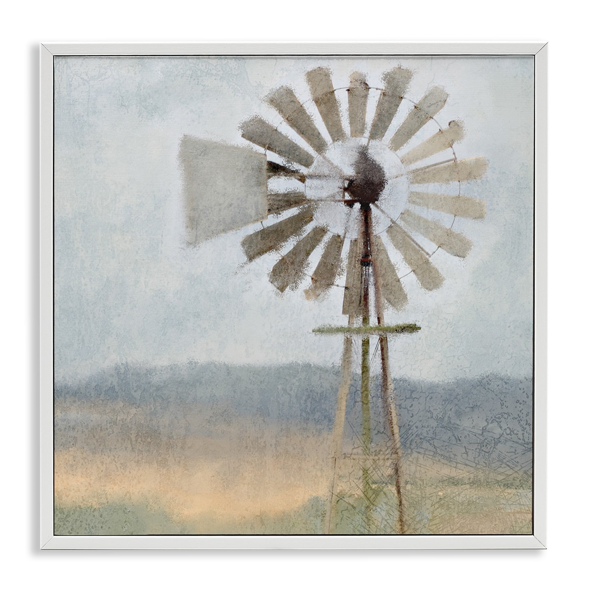 Neutral Blue Windmill Breeze Farmyard Painting Landscape Framed Art Print Wall Art, 17x17