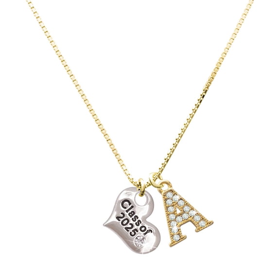 Delight Jewelry Silver-tone Class of 2025 Heart - Large Goldtone Crystal Initial - A - Charm Necklace, 17.5" 2"