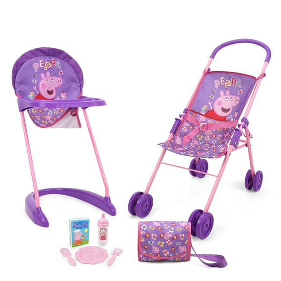 Peppa Pig: Stroll N' Feed 8pc Set - Purple, Pink, Flowers - Stroller, Highchair, Handbag, Feeding Accessories, For Dolls Up To 18", Kids Toy Ages 3 