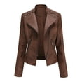 thumbnail image 2 of IROINNID Women's Faux Leather Jacket Notch Lapel Solid Color Long Sleeve Casual Slim Stand Zip Motorcycle Suit Coat Jacket Tops, Coffee, 2 of 4