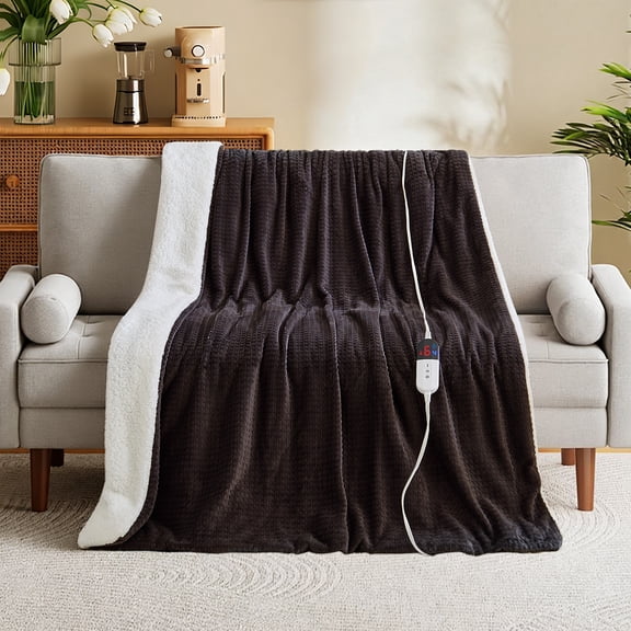 Dhole Heated Blanket Electric Blanket Throw Waffle, 50x60 Inches,Sherpa Fleece Fast Heating Blanket 6 Heating Levels & 4 Hours Auto Off ETL Certification, Brown