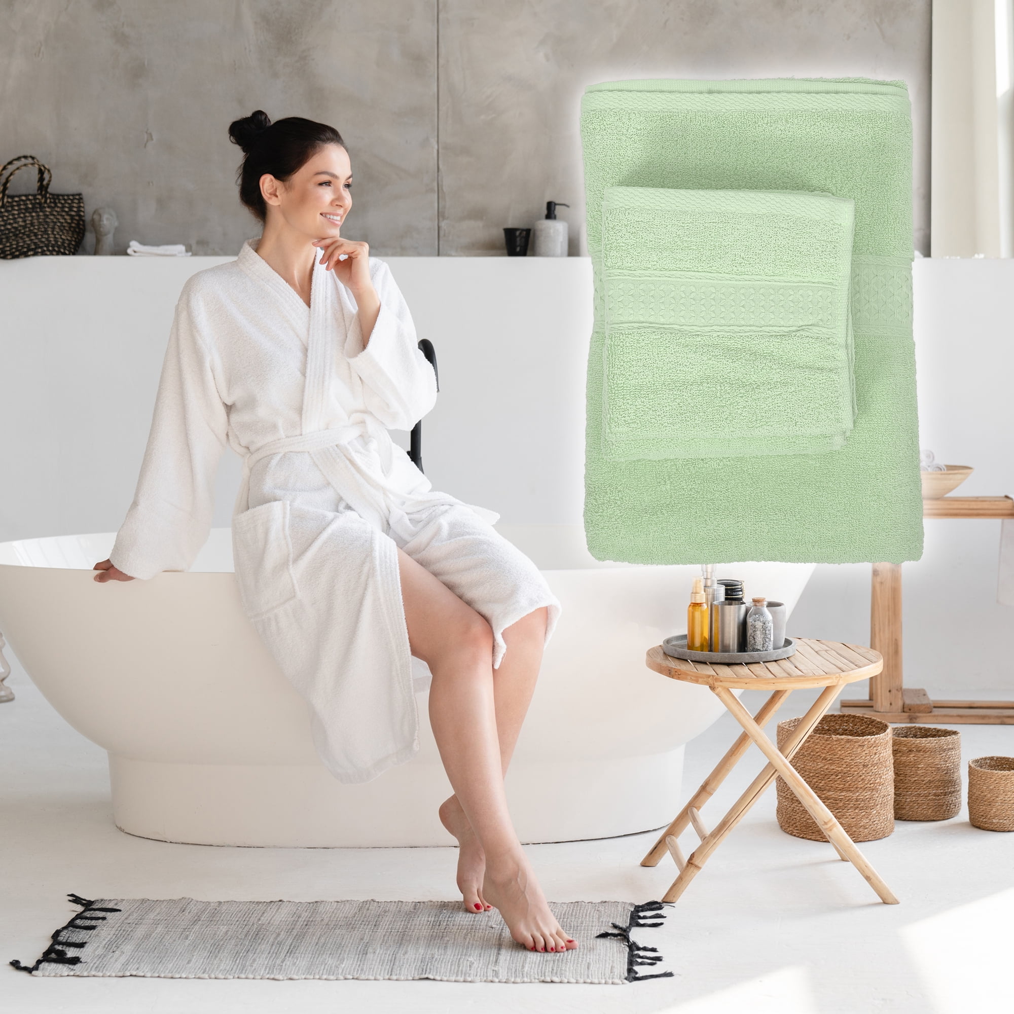 Unique Bargains 3 Pcs Cotton Bath Towel Plain Soft Absorbent Cotton Light Green