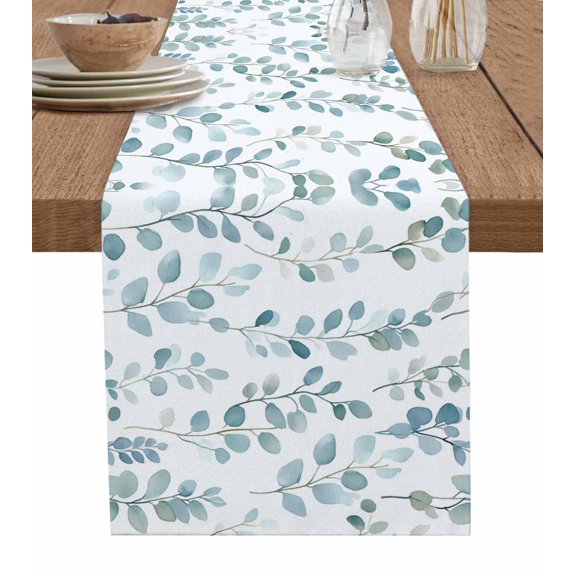 Blue Teal Botanical Table Runner 72 Inches, Eucalyptus Leaves Watercolor Summer Bed Runner Dresser Scarves Tabletop for Indoor Outdoor Parties/Ceremony/Banquet, 13" x 72"