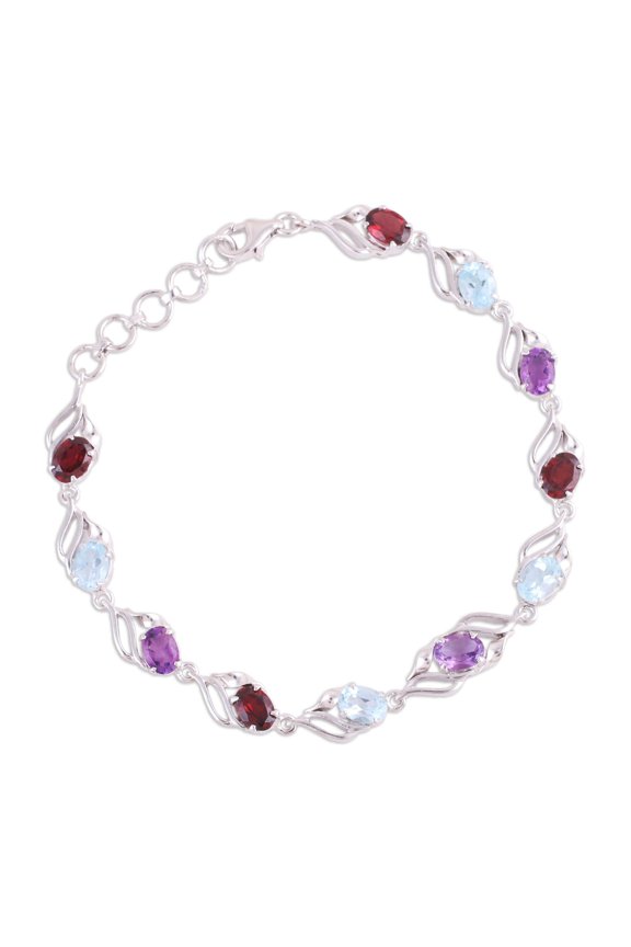 Rhodium plated multi-gemstone link bracelet, 'Colorful Leaves'