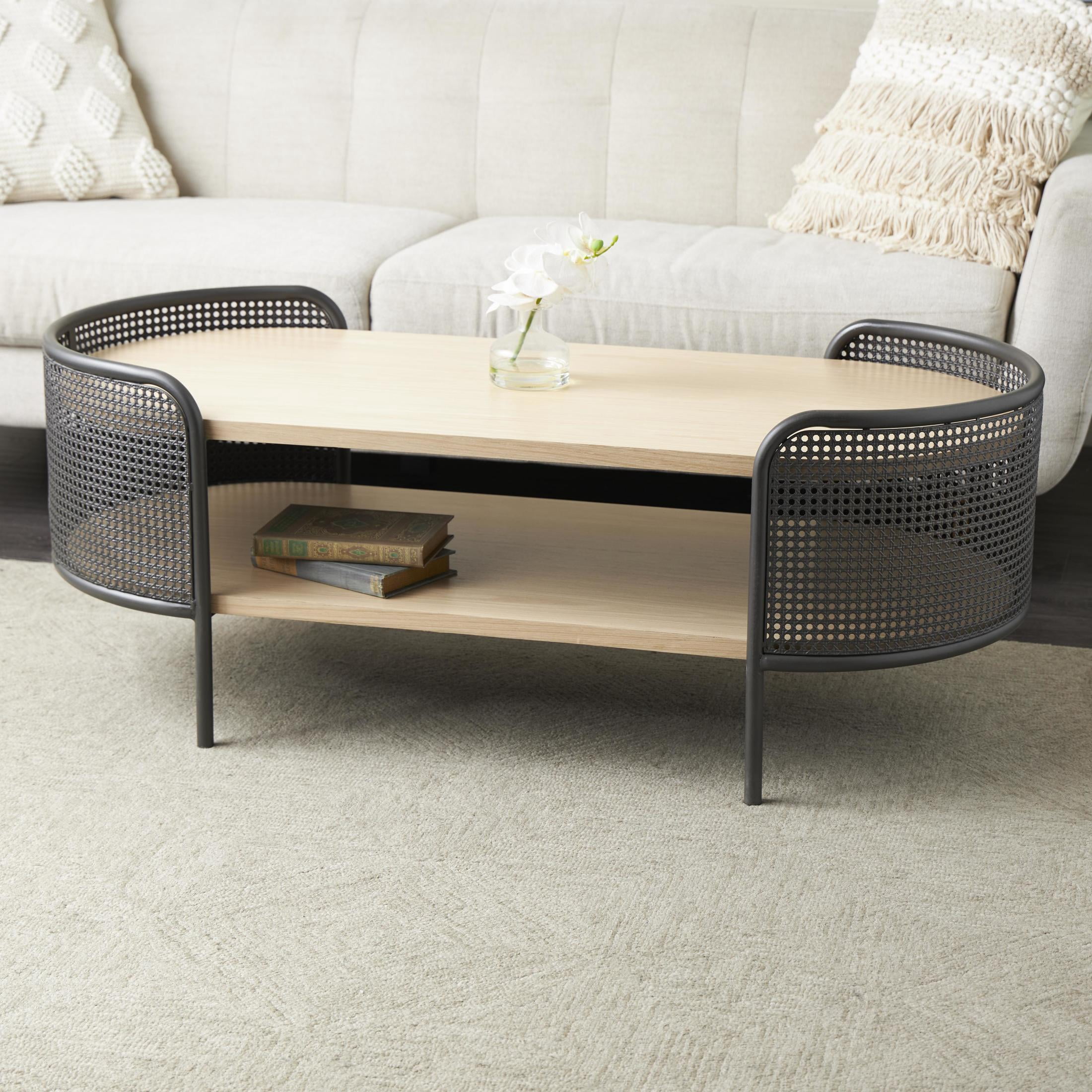 DecMode 49" x 18" Light Brown Wooden Oval Two-Toned Coffee Table with Mesh Side Panels and Brown Wood Tabletop, 1-Piece