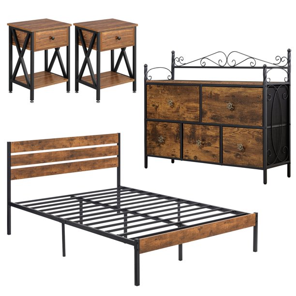 VECELO 4Piece Bedroom Set Include Queen Size Bed Frame & Dresser & 2