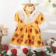 thumbnail image 3 of Kucnuzki Newborn Baby Girl Clothes 3 Months Summer Dress 6 Months Short Sleeve V Neck Strawberry Prints Lace Trims Dress Headband 2PCS Set Yellow, 3 of 8