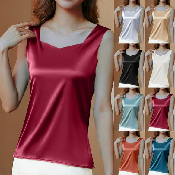 Summer Savings Clearance!yoeyez Summer Tops for Women,Silk Satin Tank Tops for Women Women Dressy V Neck Camisole Blouse Casual Sleeveless Cami Tanks Shirt Green,L