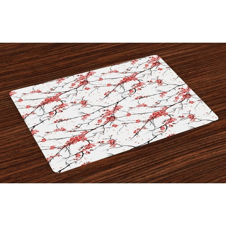 Japanese Style Kitchen Table Nature Placemats Set of 4 Illustration Of Sakura Branches Windy April Weather In Japanese Painting Style Art, Washable Fabric Place Mats for Dining Room Kitchen Table Decor,Coral Black, by Ambesonne ()