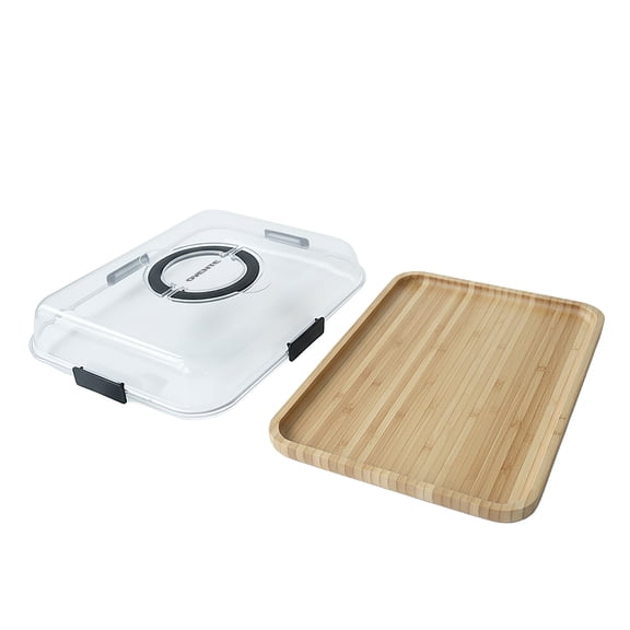 OVENTE Bamboo Charcuterie Board with Clear Locking Lid, Brown B011713B | 16.5" x 12.6" Bamboo Food Serving Tray, Built-In Handles, Portable Cheese Platter for Entertaining and House Warming Gifts