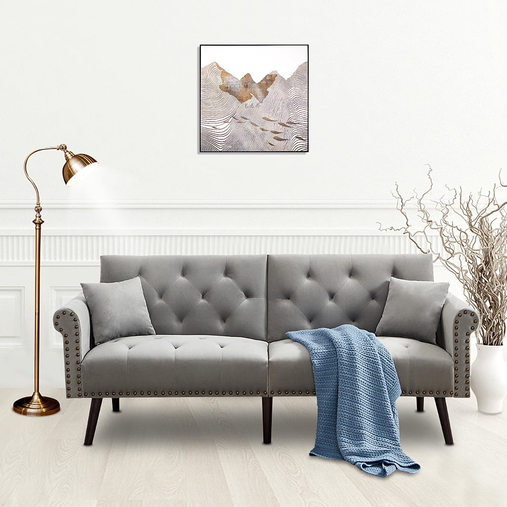 Modern Futon Sofa Bed Convertible Folding Velvet Sofa Bed With Rubber Wood Legs Metal Nail Decor 2 Pillows Mid Century Sofa Recliner Couch Living Room Furniture For Small Space Light Gray Q6320 walmart com