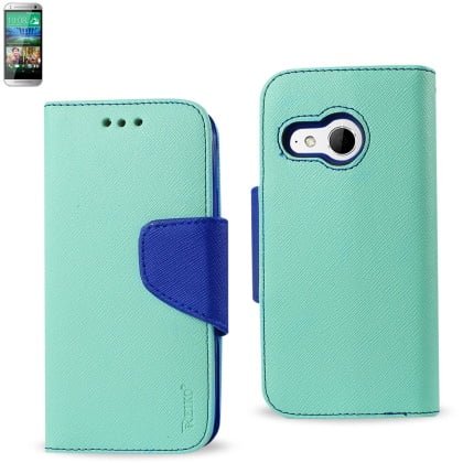 Wallet Case 3 In 1 For Htc One M8 Mini Green With Navy Interior Leather-Like Material And Polymer