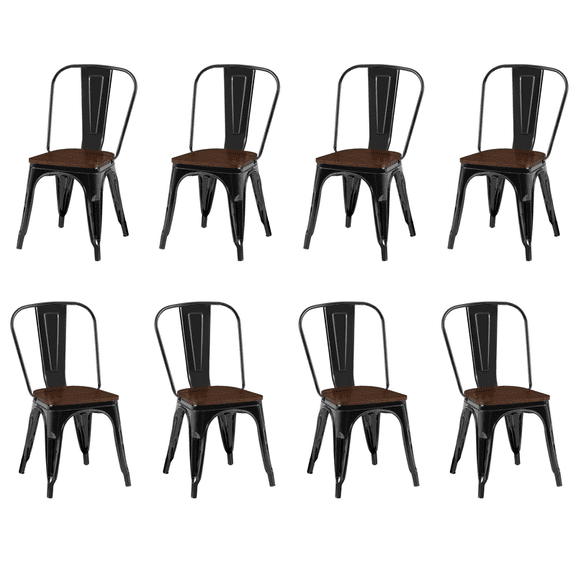 Metal Dining Chairs Set of 8 with Wood Seats, Stackable Kitchen & Dining Room Chairs, Black