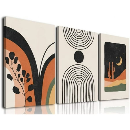 Boho Wall Art Mid-Century Modern Wall Prints Minimalist Framed Canvas Paintings Black Beige Orange Moon Plant Desert Geometric Neutral Abstract Artwork Pictures Bathroom Office(12 x16 x 3)