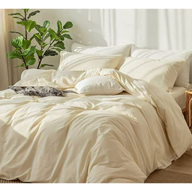 NexHome Pro Cotton Duvet Cover Queen Size Linen Look Textured Organic Natural 100% Washed Cotton Duvet Cover 3 Pieces Bedding Set with Zipper